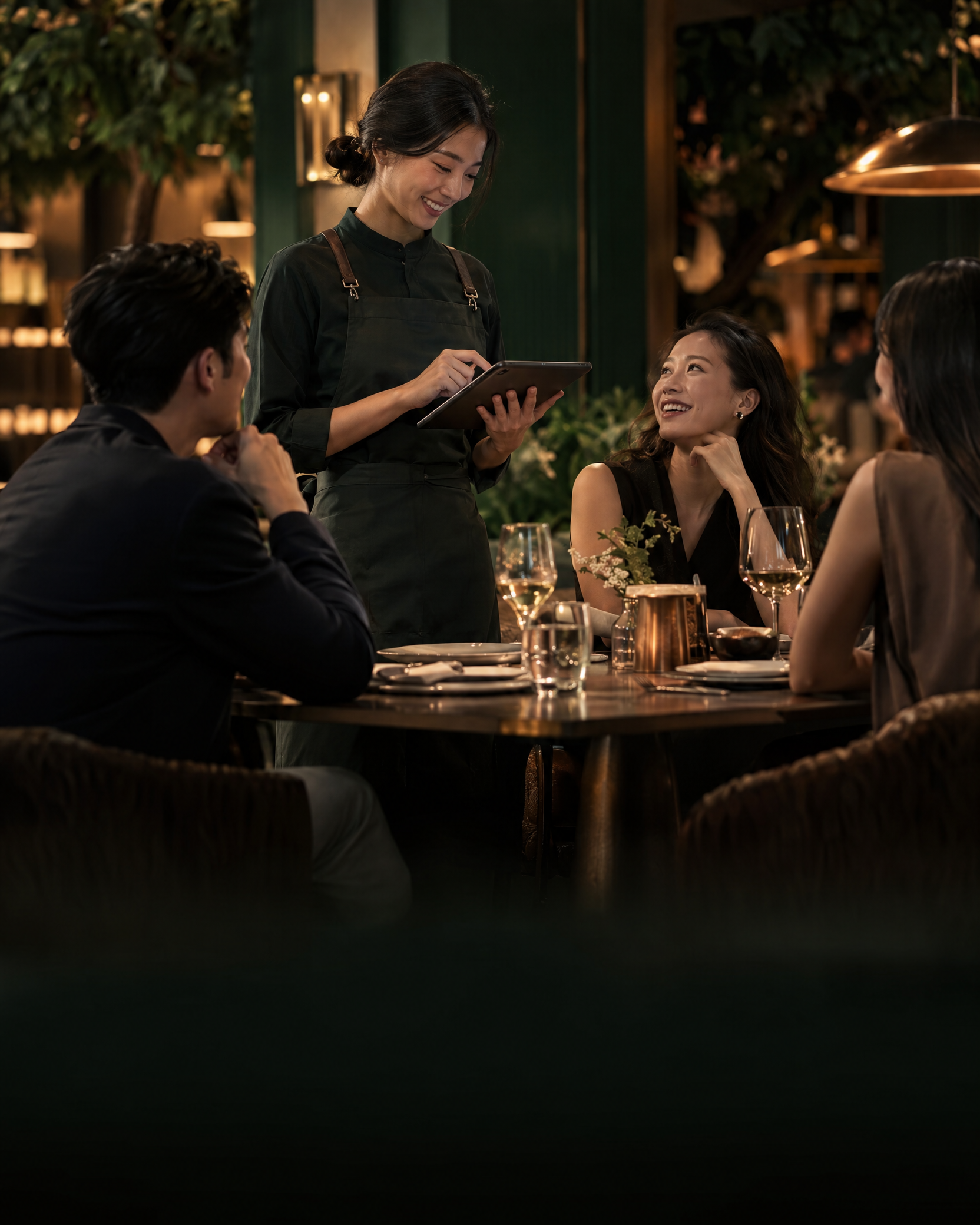店員在餐桌旁以平板為客人點餐