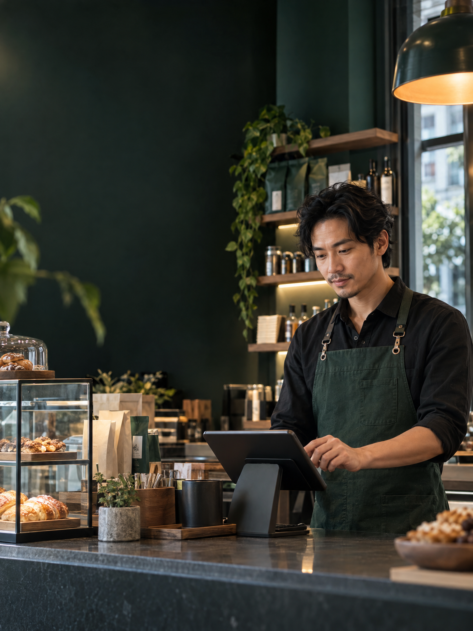 店舖營運者在櫃台使用 POS 裝置